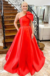 Gift of Love A Line One Shoulder Red Long Prom Dress with Bowknot